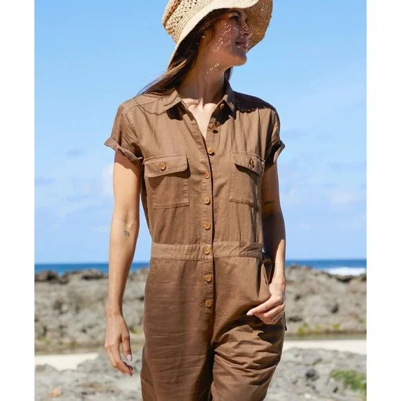 Outerknown Jumpsuit Coveralls Sz XS XSmall Sand Tan Brown Organic Cotton Linen - Picture 11 of 11